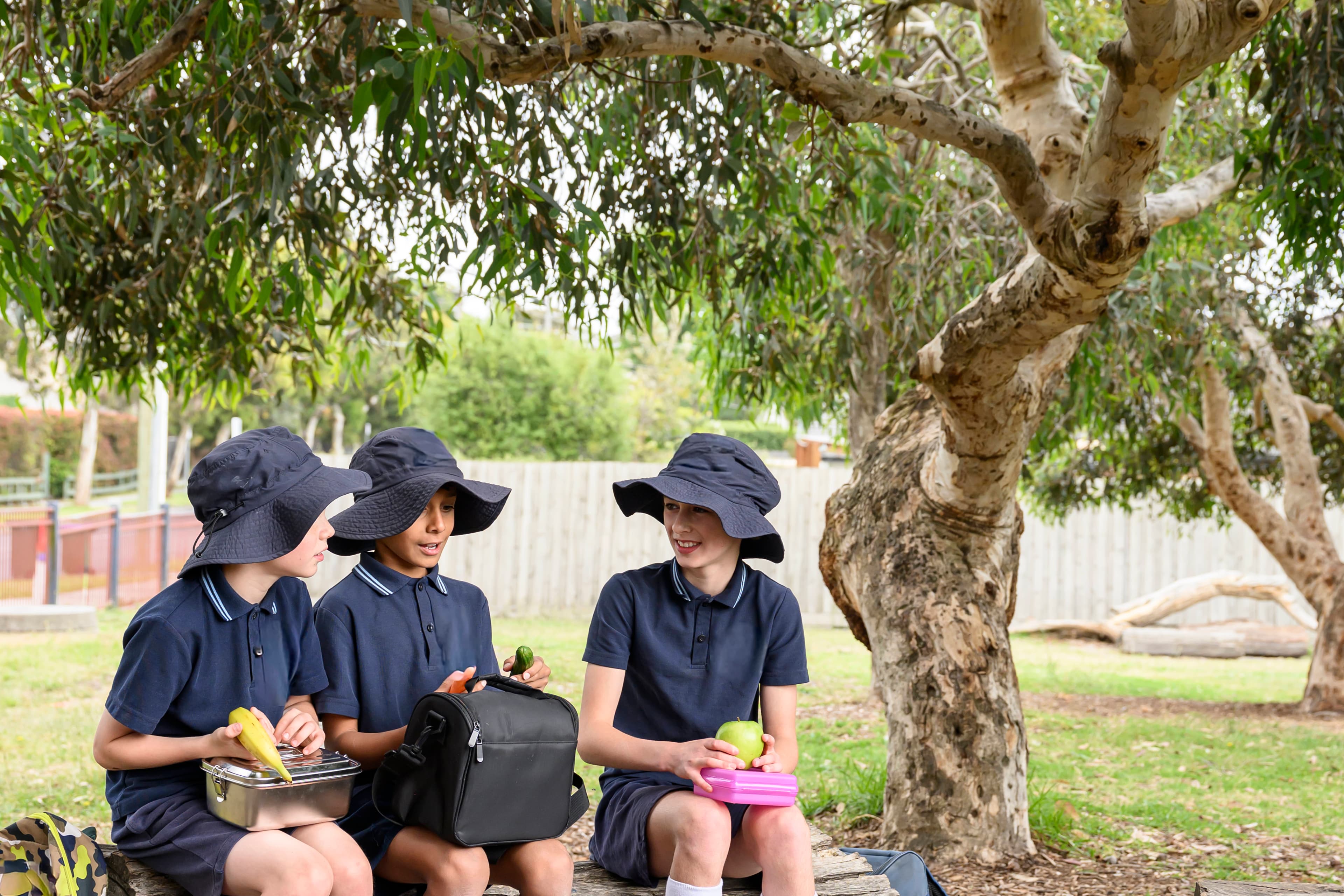 three students having lunch outdoors