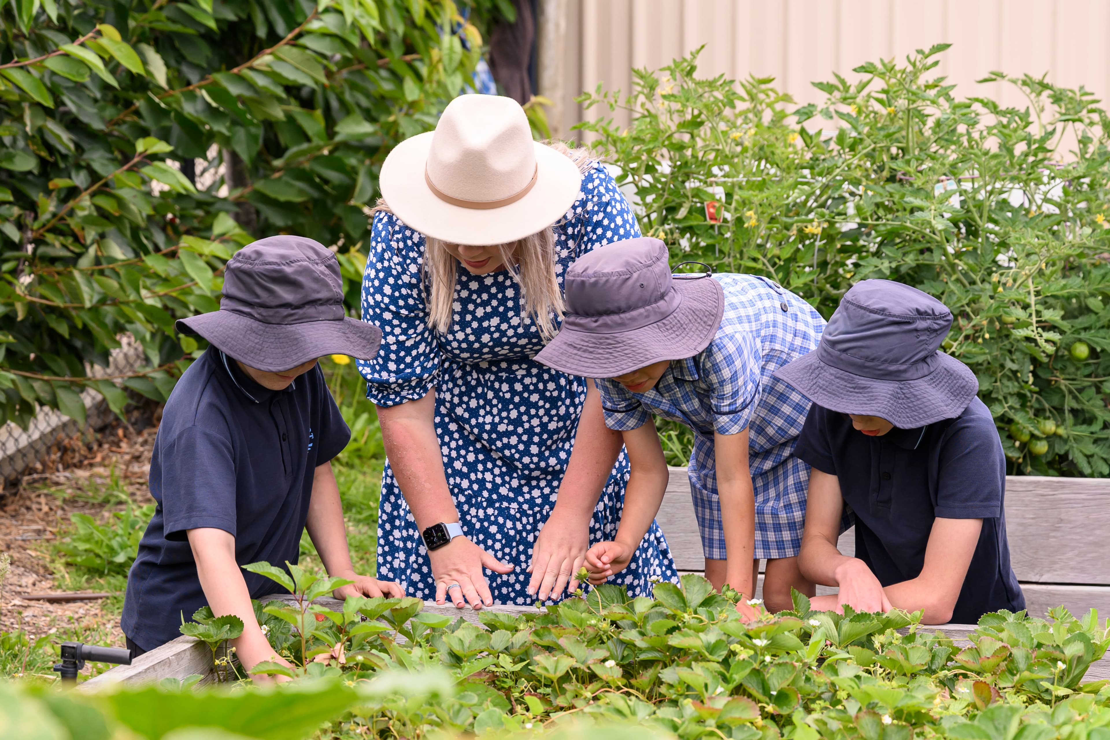 Three students and a teacher looking at plants in the garden